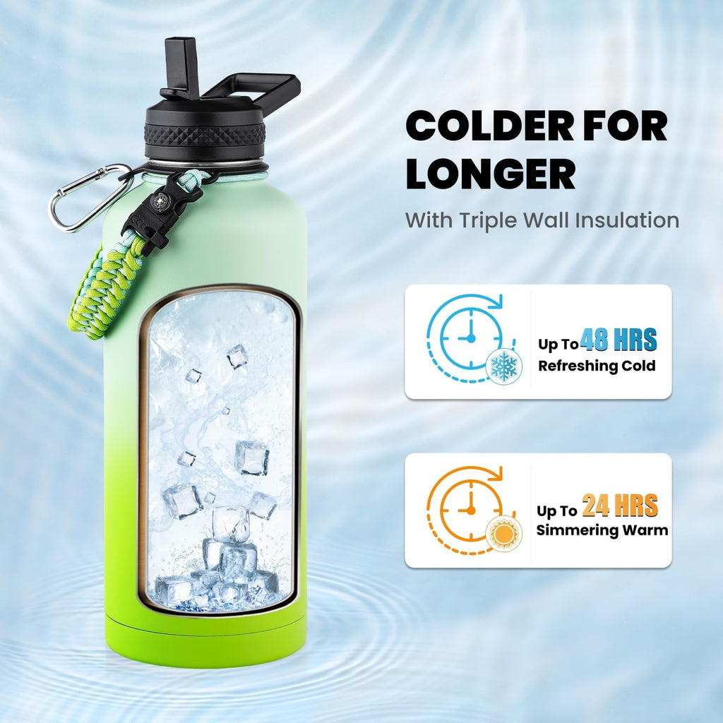 RAYMYLO Insulated Water Bottle - 87 Oz Triple Wall Vacuum Stainless Steel | Cold for 48 Hrs, Leak Proof, Ombre Green
