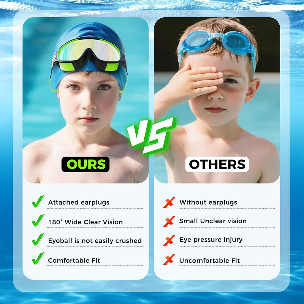 Skiennix Swimming Goggles - Anti-Fog UV Protection with Earplugs | Large Frame for Kids 4-12
