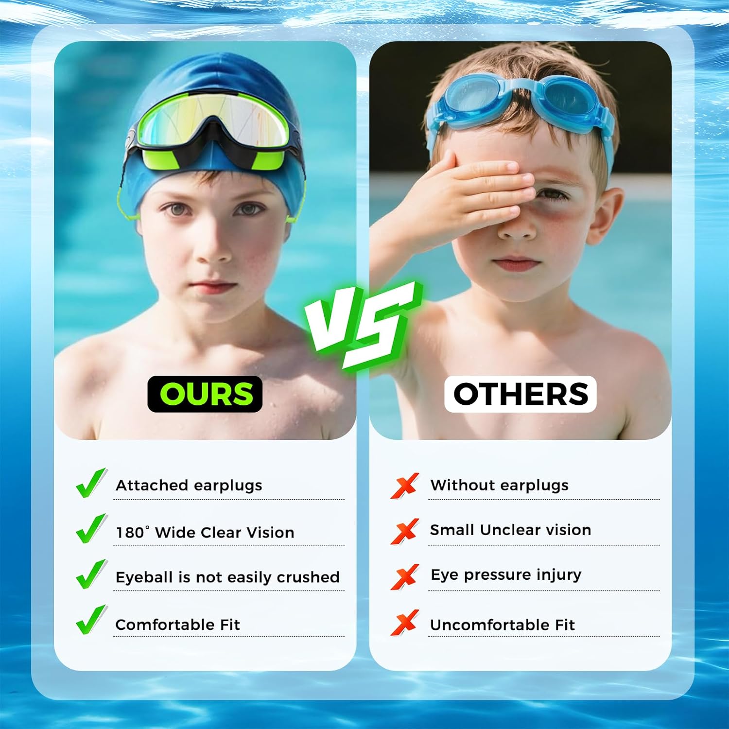 Skiennix Swimming Goggles - Anti-Fog UV Protection with Earplugs | Large Frame for Kids 4-12