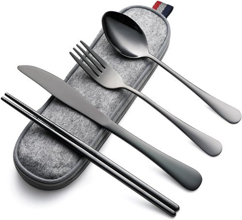 DEVICO Portable Camping Utensils Set - Stainless Steel Reusable Cutlery with Case | 5-Piece Set in Black
