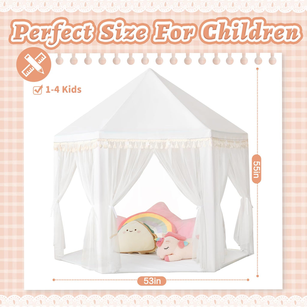 Monobeach White Princess Tent Girls Tassel Decor Large Playhouse Kids Castle Play Tent with Star Lights Toy for Children Indoor and Outdoor Games, 55'' x 53'' (White Princess Tent with Tassel)