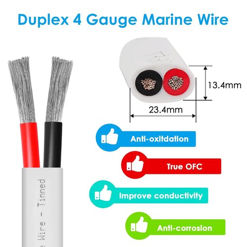 Duplex Marine Wire - 4 Gauge Tinned Copper Boat Cable, 6ft OFC for Automotive & Solar Use