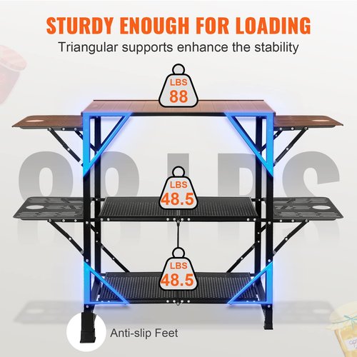 VEVOR Camping Kitchen Table, Aluminum Folding Portable Outdoor Cook Station with 4 Iron Side, 2 Shelves & Carrying Bag, Quick Installation for Picnic BBQ Beach Traveling
