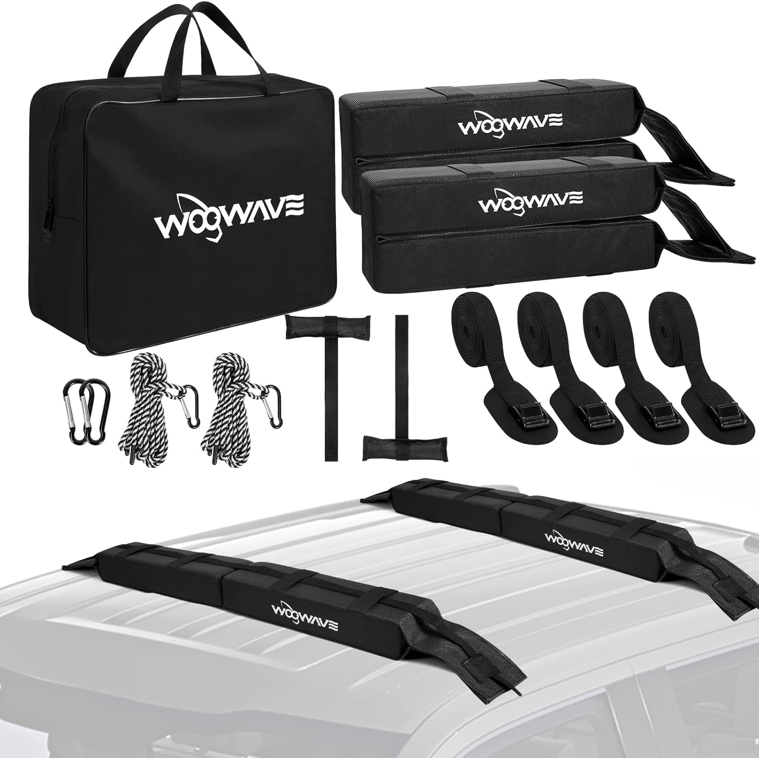 WOOWAVE Folding Kayak Carrier - Soft Roof Rack Pads with 4 Tie Down Straps & Storage Bag | Universal Fit for Canoe, Surfboard, Paddleboard, SUP