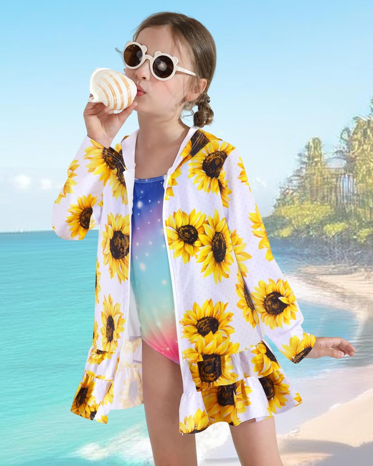 Skiennix Girls Swim Cover-Up Dress - Long Sleeve Hooded Bathing Suit Robe for Pool & Beach | Sizes 4-10Y