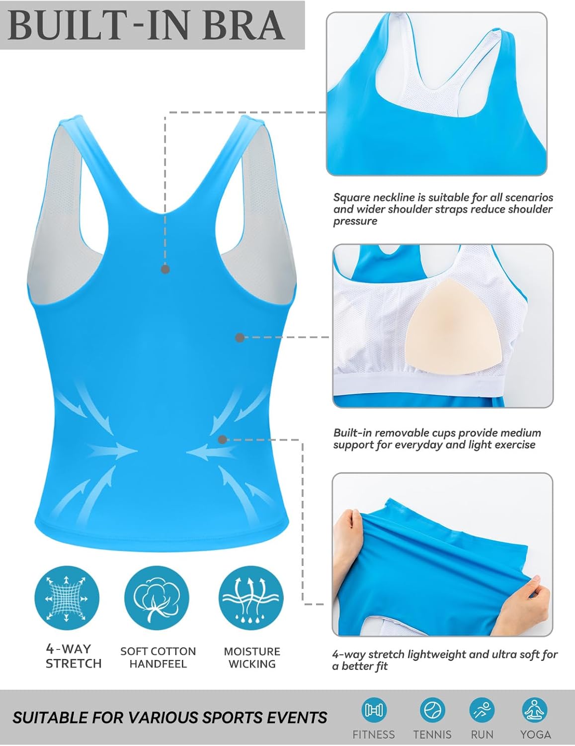 Running Girl Tank Tops - Built-In Bra Racerback Activewear for Women | Yoga & Workout Essentials