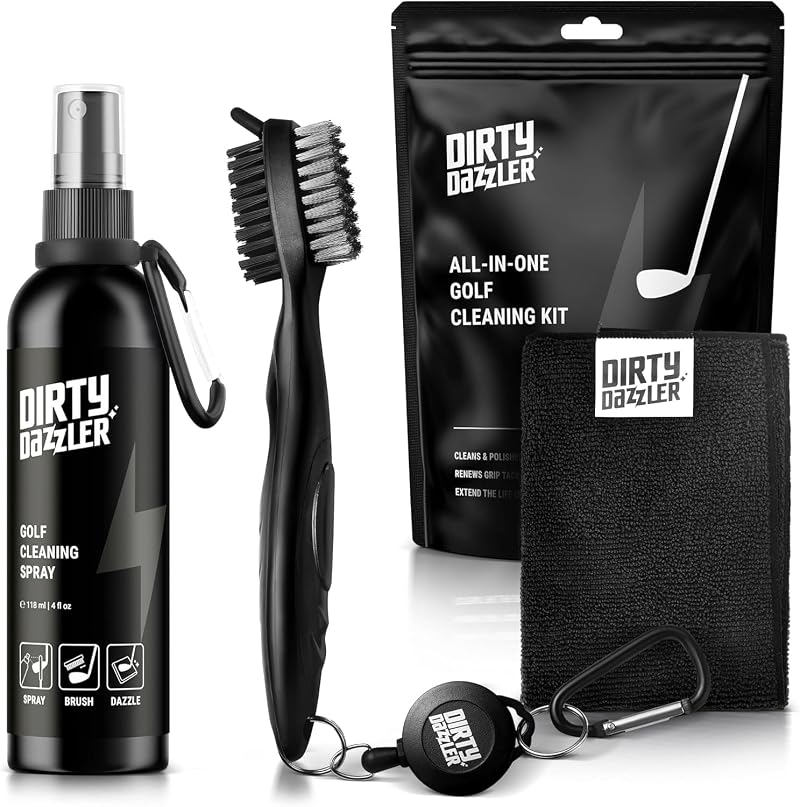 Golf Club Cleaning Kit with Groove Cleaner Tool, Brush, Towel & Spray – 4 Oz