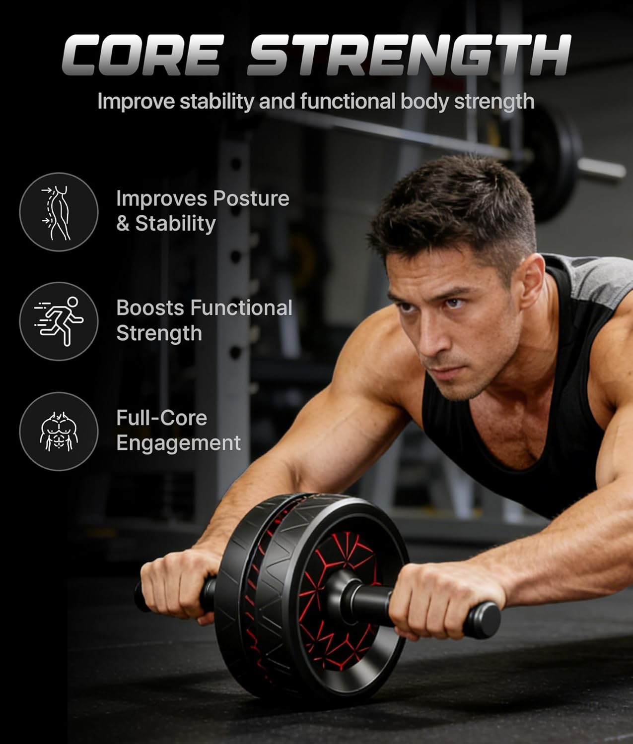ROMIX Ab Roller Wheel - Wide Design with Extra Thick Knee Mat for Home Gym Fitness | Core Strength Training Equipment