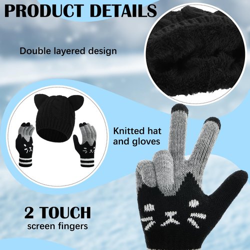 Ramede Women's Cute Cat Ears Beanie and Touchscreen Gloves Set, Double-layered Knitted Winter Hat Warm Woollike Crochet Ski Headgear and Knit Gloves New Year Anime Gifts for Women for Cold Weather