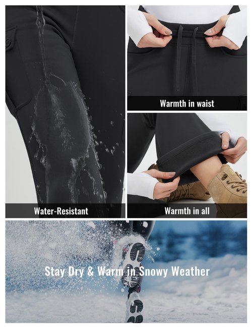 baleaf Women's Fleece Lined Pants Winter Warm Snow Flare Leggings Thick Cargo Bootcut Ski Thermal Insulated Waterproof Hiking Black L