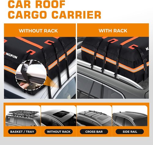 Kingfun Car Rooftop Cargo Carrier - Waterproof 15 Cu Ft Roof Bag for All Vehicles | Includes Anti-Slip Mat & 8 Straps