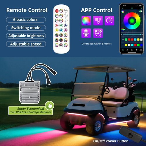 AIPSET Golf Cart LED Light Strip, LED Lights Underbody Underglow Kit, Neon Strips Lighting, Universal Compatible with EZGO Club Car Yamaha, 12V - 80V Input, Muti-Color, Music Sync & Waterproof, 12PCS