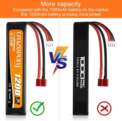 Crazepony 11.1V 1200mAh Airsoft Battery - Rechargeable 3S LiPo 25C with T-Plug & JST XH Connector