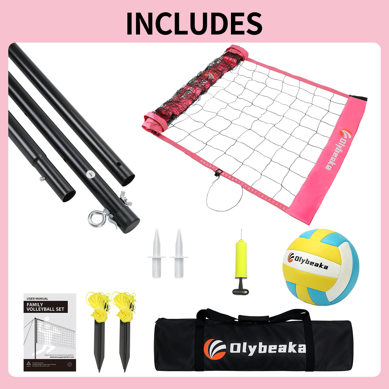 20FT Outdoor Volleyball Net Set System for Backyard Beach with Anti-Sagging Net, Iron Adjustable Height Poles, Soft PU Volleyball and Pump, Carry Bag - Instant Set Up & Durable (Pink)