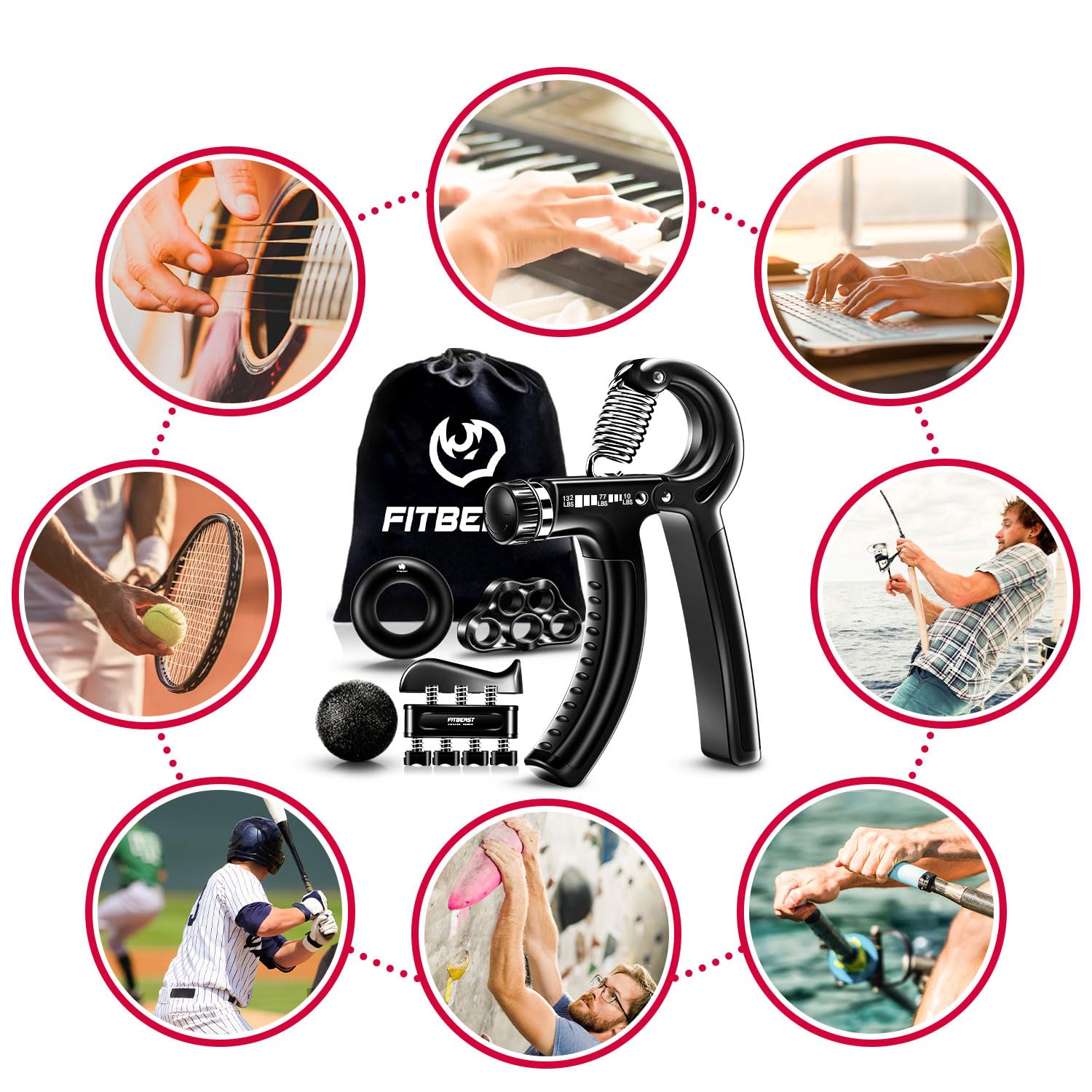 FitBeast Grip Strengthener Forearm Strengthener Hand Grips Strengthener Kit - 5 Pack Adjustable Resistance (Black)