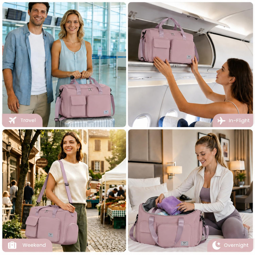 FIORETTO Women's Gym Duffle Bag with Shoes Compartment, 30L Capacity, Ideal for Travel, Gym, Sports, Duffel, Weekender, Pink