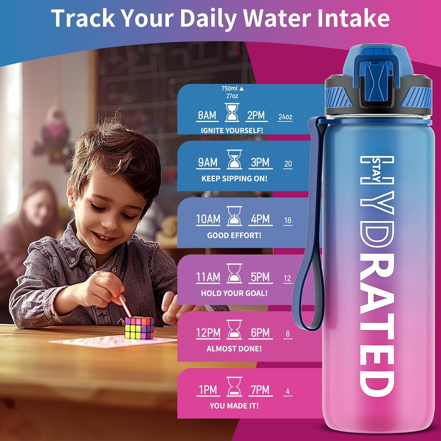 Skiennix 27oz Motivational Water Bottle - BPA-Free Tritan with Time Marker & Carry Strap | Leakproof Design for Fitness & Outdoor Use