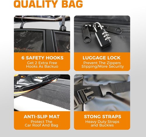 Kingfun Rooftop Cargo Carrier Bag - Waterproof 15 Cubic Feet Luggage Carrier for All Vehicles | Anti-Slip Mat & 8 Straps Included