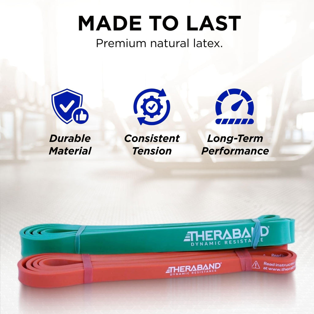 THERABAND High Resistance Bands, Set of 2 Elastic Super Bands for Improving Flexibility, Injury Rehab, & Full Body Workouts, Heavy Duty Stretch Bands for Lifting, 1 Light & 1 Medium Band, Multi