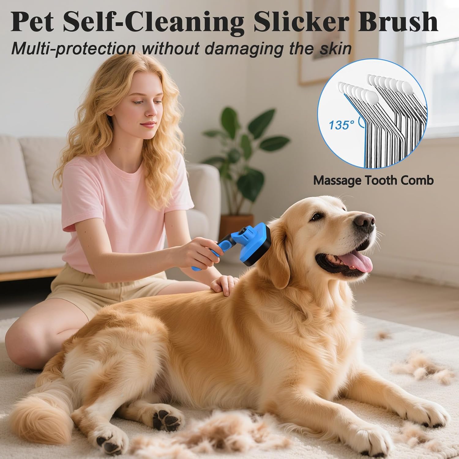 Skiennix Self-Cleaning Slicker Brush & Dog Comb - Gentle Deshedding Tool for Dogs, Cats & Small Pets (Blue)