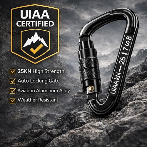 Auto Locking Carabiner Heavy Duty Carabiner 25kN UIAA Certified Climbing Carabiner Climbing Equipment Safety Carabiners for Rappelling, Hammocks, Rescue, Dog Leash, Swing (All Black-4PCS)