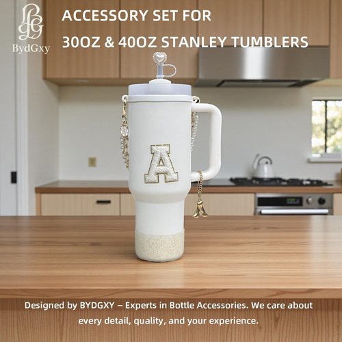BydGxy Stanley Cup Accessories Set for 30oz 40oz Tumbler, with Handle Strap, Anti-Spill Plug, Boot, Straw Cover, Cute Letter Charms, No-Residue Initial Sticker, Fits Pink Purple White Stanley Cups (A)