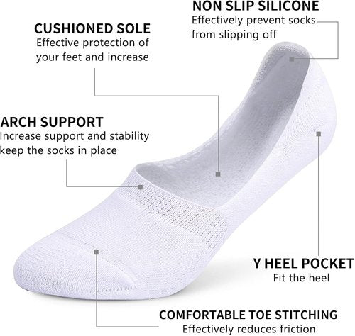 Leotruny No Show Socks - 6 Pairs Unisex Thick Cushion Athletic Cotton | Non-Slip Design