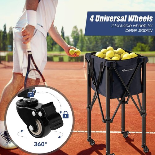 Goplus Foldable Tennis Ball Hopper - Lightweight Aluminum Basket with Wheels & Removable Bag | Holds 150 Balls