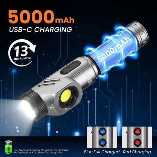 Yemao Rechargeable Tactical Flashlights 1600 High Lumens 2 Light Sources,6 Modes,90 Degree Rotating,Waterproof Working Light with Magnetic Base for Home Emergency,Outdoor,Camping,Shop