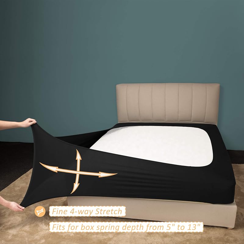 Queen XL Box Spring Cover in Black - 4-Way Stretch Jersey Knit, Fits 5–13 Inch Depth