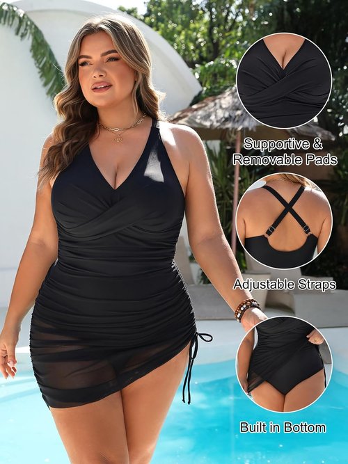 Blooming Jelly Plus Size Tummy Control One-Piece Swimsuit - Modest Swim Dress for Full Coverage