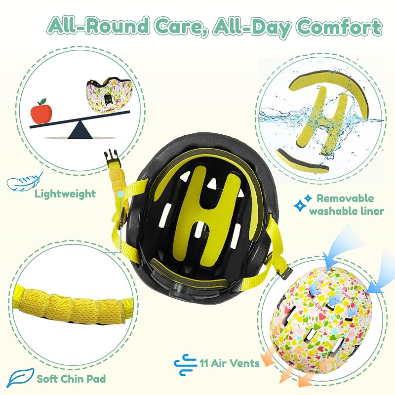 Toddler Bike Helmet with Gloves and Backpack Set - 3 Sizes, Adjustable for Ages 1-8+ (Flower Kitten)