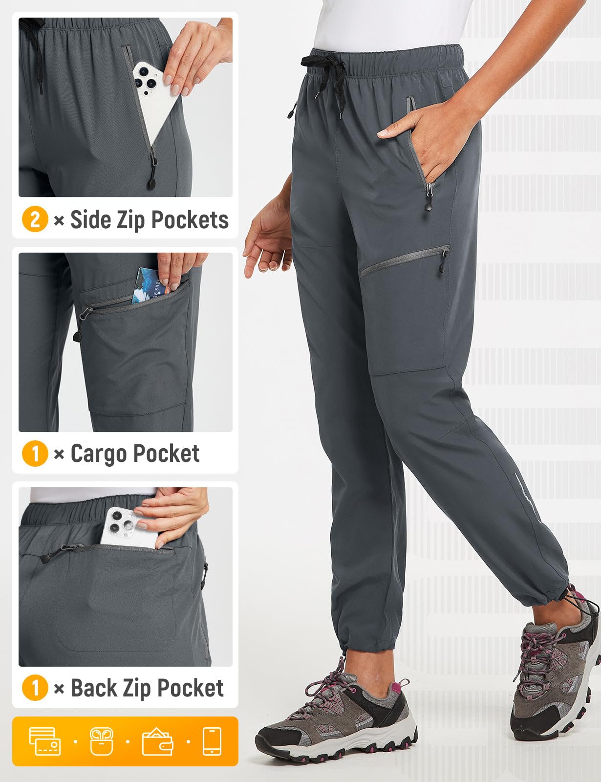 baleaf Women's Petite Hiking Pants Lightweight Quick Dry Water Resistant Cargo Pants 27'' Inseam for All Seasons Dark Gray Size L