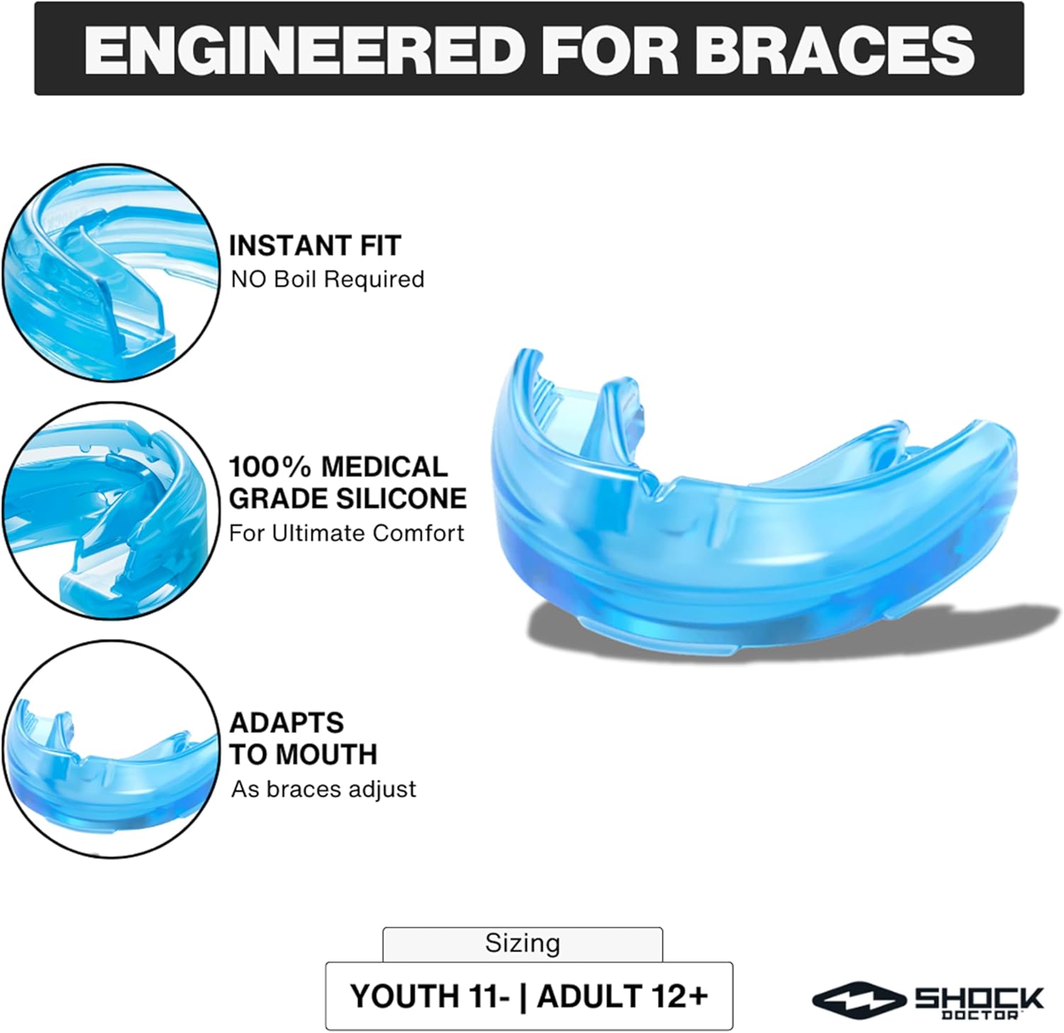 Shock Doctor Mouth Guard - Ultimate Upper Teeth Protection for Braces | Instant Fit, Blue (Pack of 2)