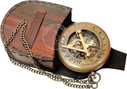 Aysha Nautical Brass Sundial Compass with Leather Case and Chain - Push Open Compass - Steampunk Accessory - Antiquated Finish - Beautiful Handmade Gift -Sundial Clock