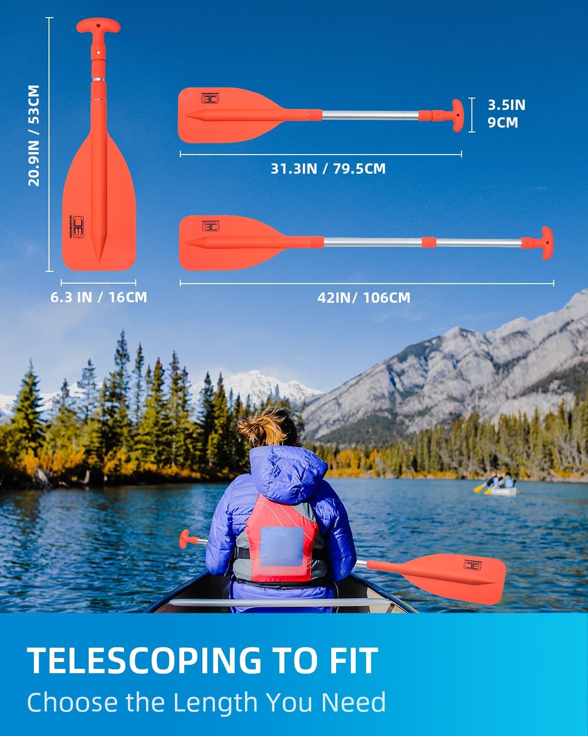 OCEANBROAD Telescoping Emergency Paddle - 42'' Collapsible Aluminium Shaft for Kayaking & Boating | Orange