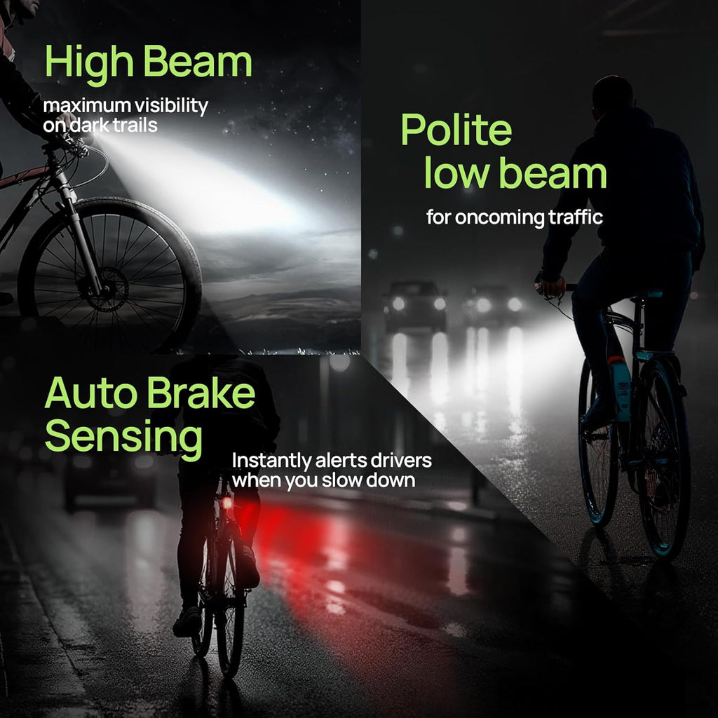 R15 Smart Bike Lights Set - USB C Rechargeable Front & Back Lights | 500 Lumen Waterproof for Night Riding