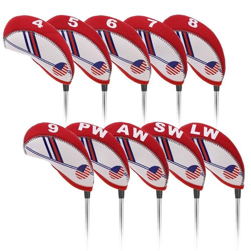 DBYAN Golf Iron Head Covers Set USA Flag Neoprene Golf Club Head Cover Wedge Iron Protective Case Head Covers Fit All Brands Titleist, Callaway, Ping, Taylormade, Cobra Etc,White & Red
