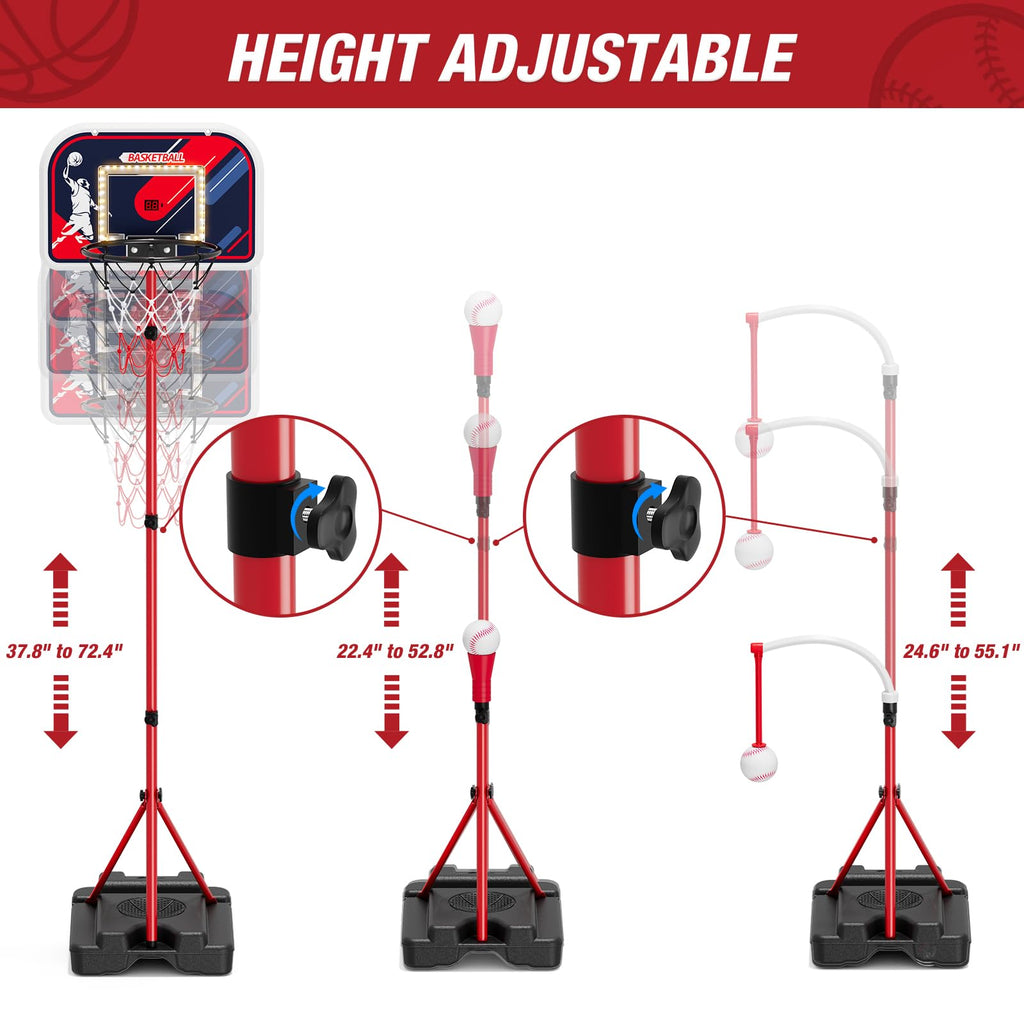 HYES 4 in 1 Kids Basketball Hoop and Tball Set 3-5, Basketball Goal with Scoreboard&LED, Hanging Tee Ball Stand with Baseball Pitching Machine, Indoor Outdoor Sport Toys for Boys 4-8