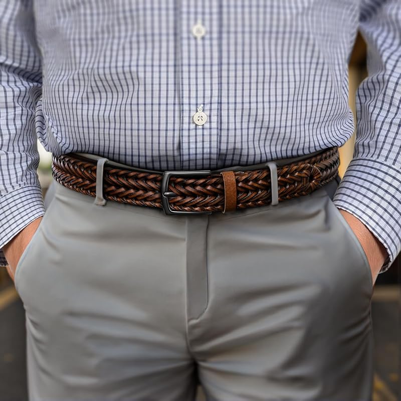 Gift Boxed Leather Belt for Men - 1 3/8" Woven, Holeless, Light Brown, Adjustable
