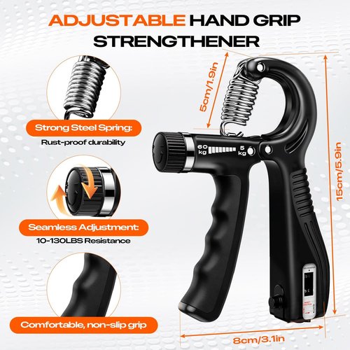 Grip Strength Trainer Kit - 10-Pack Adjustable Hand Gripper & Forearm Strengthener with Finger Stretcher, Stress Ball & Bands