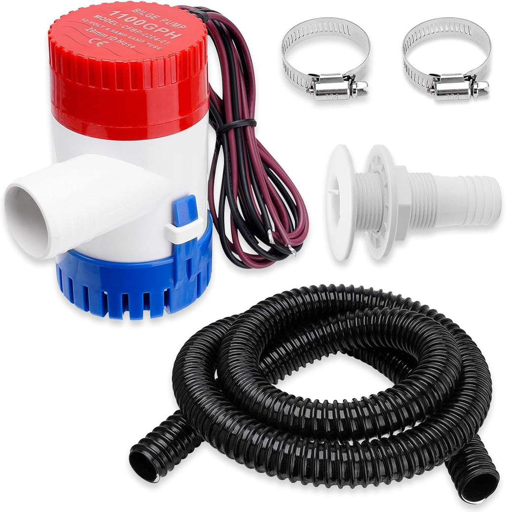 1100 GPH Boat Bilge Pump by [Brand Name] - 12V Plumbing Kit with 6FT Hose & Thru-Hull Fitting for Fishing Yachts