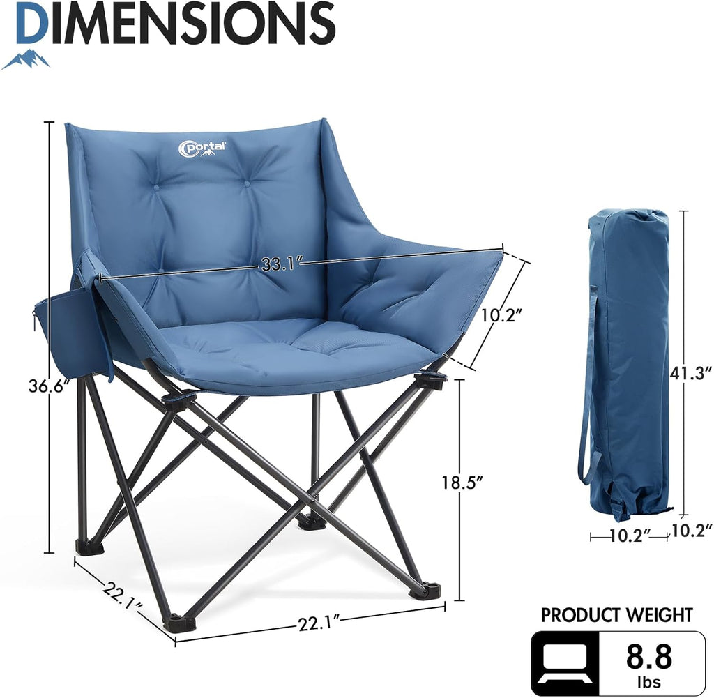Portal Oversized Padded Camping Chair - Heavy-Duty Folding Chair with Cup Holder & Side Pocket | Supports 350 lbs, Blue