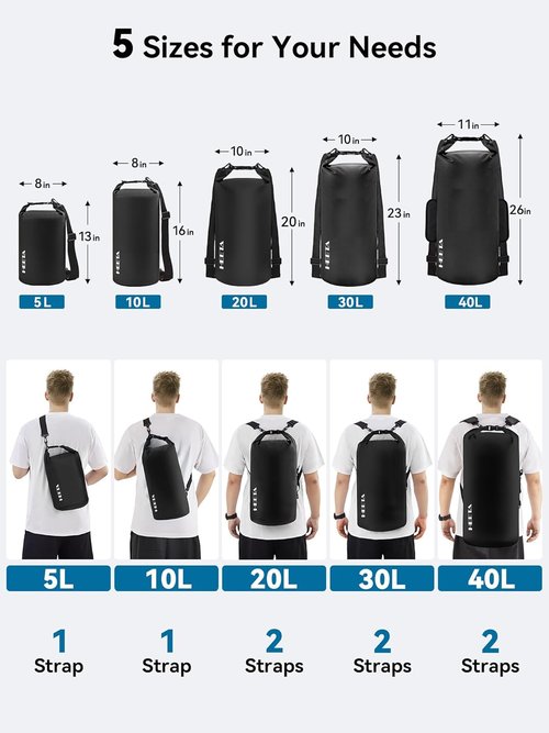 HEETA Waterproof Dry Bag - Lightweight Roll Top Storage Backpack with Emergency Whistle | 5L/10L/20L/30L/40L Options for Travel, Kayaking, Camping, Beach