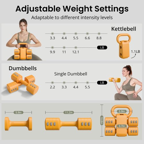 2-in-1 Adjustable Dumbbell Set for Women - 4 Levels (2.2lbs to 12.1lbs) - Home Gym Weights for Women at Home - Fitness Dumbbells