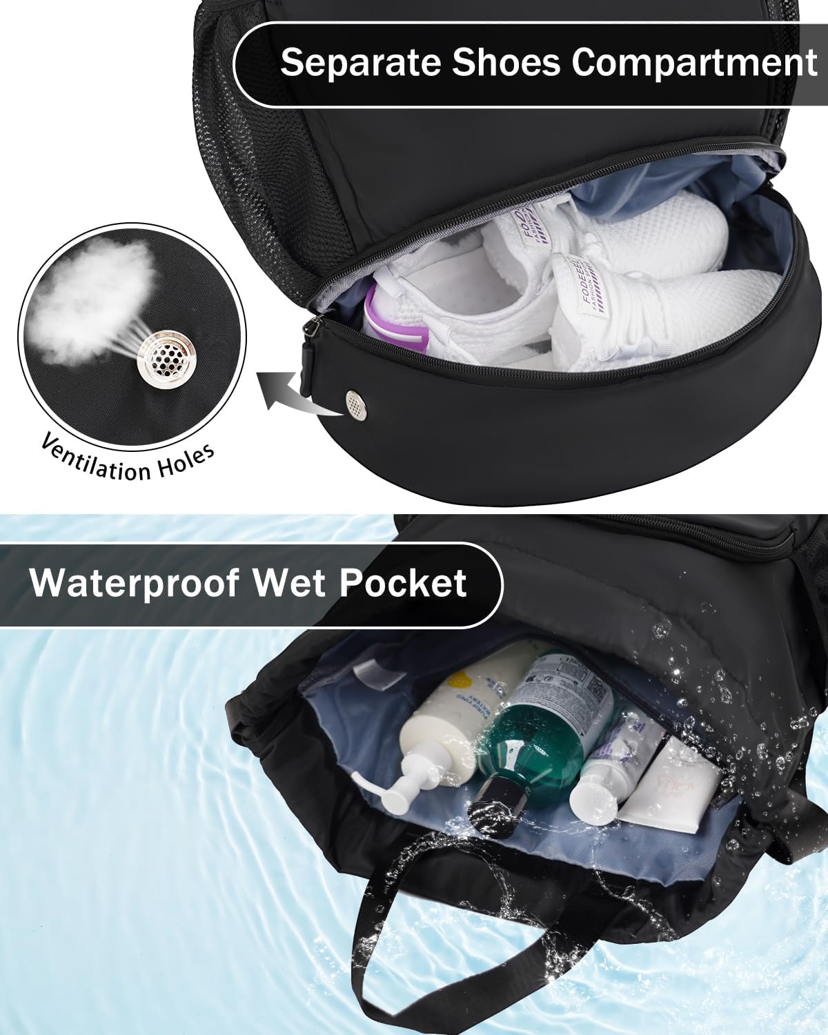 RHDZO Drawstring Backpack - Gym Bag with Shoe Compartment & Wet Pocket | Black