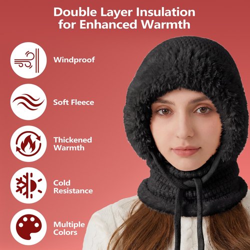 PolaZIA 3 in 1 Beanie Hat with Scarf and Mask, 3-in-1 Beanie Hat for Women, Windproof Scarf Hat, Womens Winter Hat, Knitted Ski Scarf and Face Mask, Wind Resistant Hooded Scarf, Winter Face Mask-A