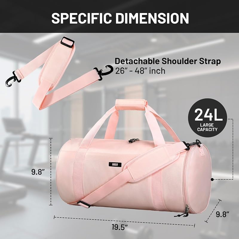 MIER 24L Pink Gym Duffel Bag with Shoe Compartment & Wet Pocket - 19.5x9.8x9.8 in, Lightweight