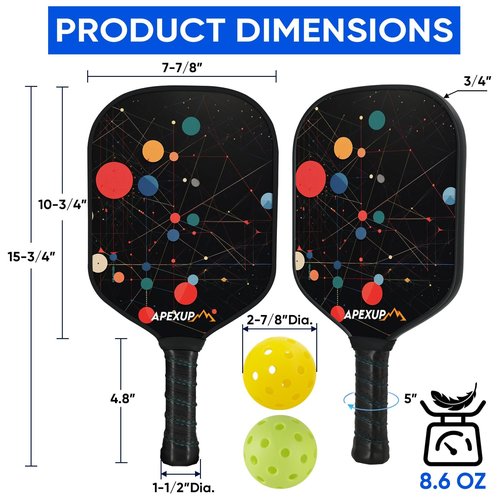 APEXUP Fiberglass Pickleball Paddles, Premium Pickleball Paddles Set of 2, Pickle Ball Set with Ergonomic Cushion Grip, 2 Pickleball Rackets, 4 Pickleball,1 Portable Bag (Colored Ball)