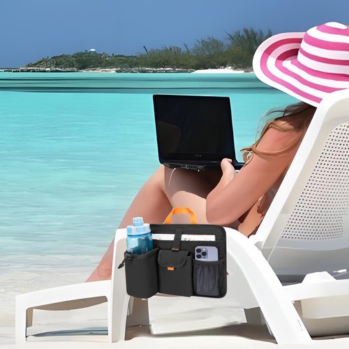 Beach Chair Cup Holders, Arm Organizer for Camping with 2 Self-Adhesive Fastener Strap, Hanging Bag Insulation with 4 Pockets, Camp Chair Accessories for Water Bottle, Magazine, Black, Patent Design